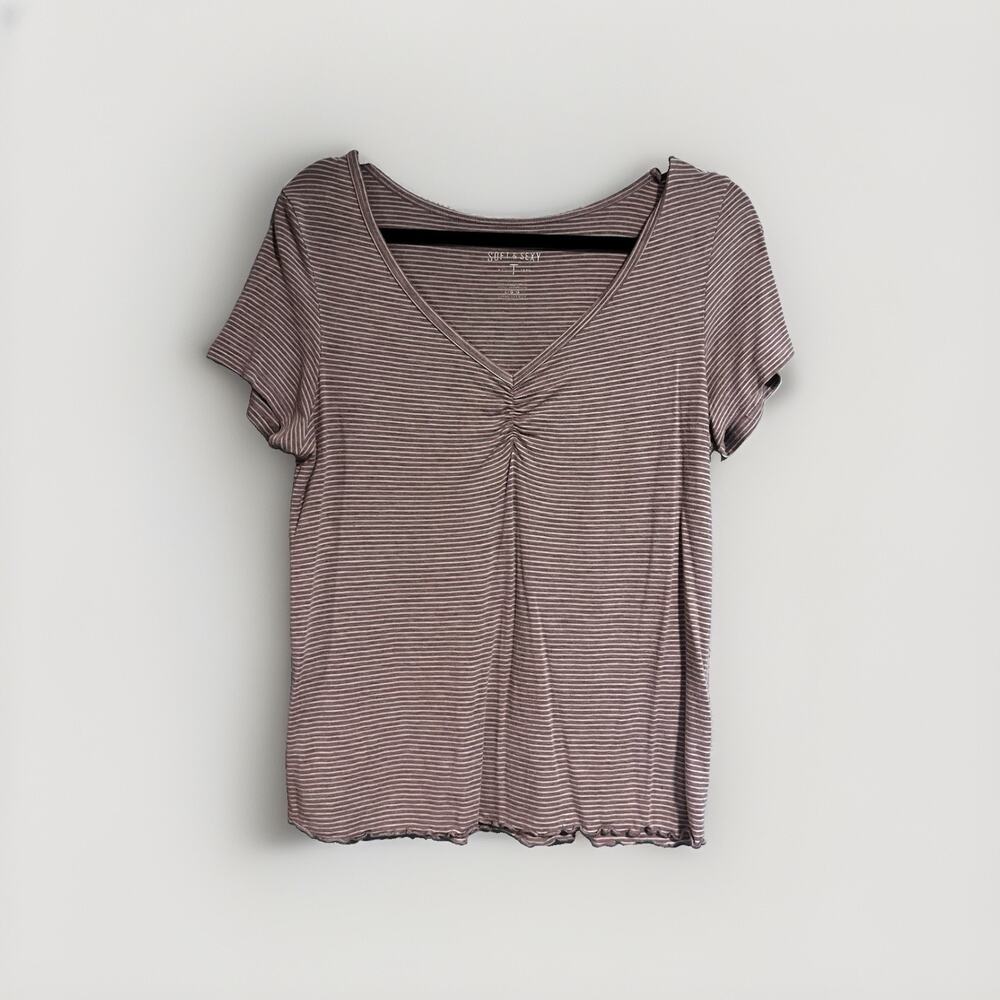 American Eagle soft and sexy striped Tee with ruffle hem and scrunched V neck - Picture 1 of 5